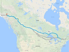 What Ottawa to Whitehorse, Yukon looks like.