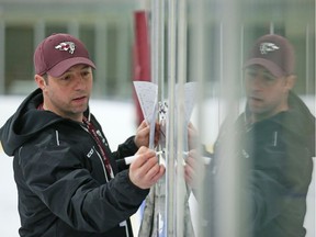 Ottawa Gee-Gees head coach Patrick Grandmaitre preps his players during practice at University of Ottawa, January 31, 2017.