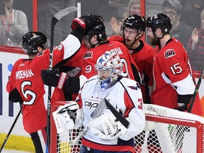 Ottawa Senators centre Zack Smith (15) celebrates a goal against the Washington Capitals during second period NHL hockey action in Ottawa on Tuesday, Jan. 24, 2017.