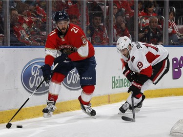 SUNRISE, FL - JANUARY 31: Derick Brassard #19 of the Ottawa Senators pursues Vincent Trocheck #21 of the Florida Panthers as he circles the net with the puck during first period action at the BB&T Center on January 31, 2017 in Sunrise, Florida.