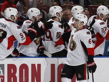 SUNRISE, FL - JANUARY 31: Chris Wideman #6 of the Ottawa Senators is congratulated by teammates after scoring a goal against the Florida Panthers during first period action at the BB&T Center on January 31, 2017 in Sunrise, Florida.