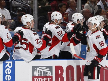 SUNRISE, FL - JANUARY 31: Ryan Dzingel #18 of the Ottawa Senators is congratulated after scoring his first of two first period goal against the Florida Panthers during first period action at the BB&T Center on January 31, 2017 in Sunrise, Florida.
