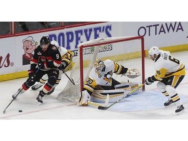 Ottawa Senators Bobby Ryan tries to score on Pittsburgh Penguins Marc-Andre Fleury during first period  at the Canadian tire Centre in Ottawa Thursday Jan 12, 2017.   Tony Caldwell