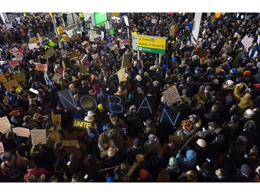 Protesters assemble at John F. Kennedy International Airport.