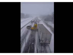 Screen capture from a video filmed on Saturday on a pileup on the 401.