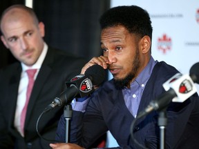 Tears rolled down his face as Julian de Guzman announced his retirement from soccer at TD Place Monday (Jan.30, 2017). The Ottawa Fury FC captain and former Canadian team captain, who will become as assistant coach of the Ottawa club, was emotional as he spoke to the media. Julie Oliver/Postmedia ORG XMIT: POS1701301436198850