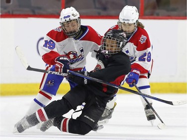 The Long Island Gulls' Matt Grimes, left, collides with the St. Clair Shores Stars' Jayden Provencher as the Gulls' Marko Lisica looks on in the Minor Atom AAA final.