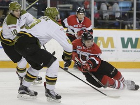 The Ottawa 67's Ben Evans loses his edge while playing the puck in a game against the North Bay Battalion in OHL action at TD Place on Sunday, Jan. 8, 2017.