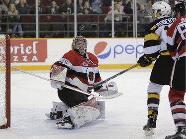 Ottawa 67's goalie Leo Lazarev keeps his eyes on the puck in an OHL game against the Kingston Frontenacs at TD Place on Saturday, Jan. 7, 2017.