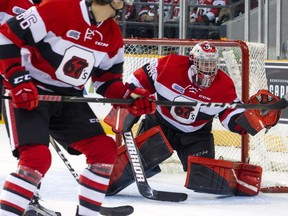 Ottawa 67's goalie Olivier Lafreniere catches the puck against the Niagara IceDogs on Saturday, Jan. 28, 2017 at TD Place arena.