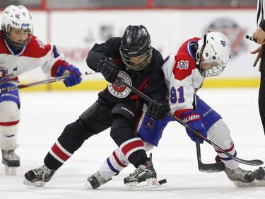 The St. Clair Shores Stars' Luc Plante, left, and the Long Island Gulls' Ethan Wyttenbach compete for the puck in the Minor Atom AAA final.