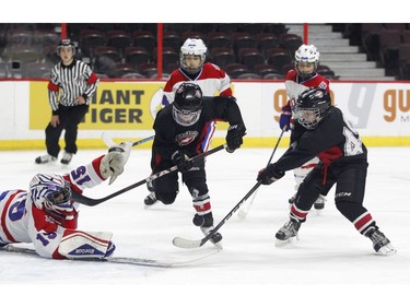 The St. Clair Shores Stars' Rory Savage, right, takes a shot as Long Island Gulls goaltender Chase Phillips dives for the puck and the Stars' Dylan Blackwood, centre, looks on in the Minor Atom AAA final.