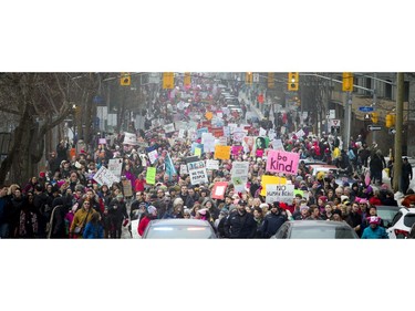 Thousands in Ottawa march down Laurier Avenue in support of the Women's March on Washington.