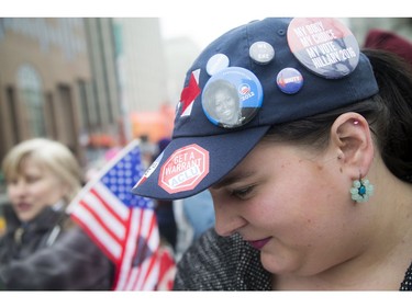 Kathleen Metcalfe shows off some of her many buttons on her hat during the march.