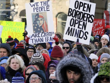 Thousands of people protest against the U.S. immigration policy of the Donald Trump administration, at the United States embassy in Ottawa, Monday, January 30, 2017.