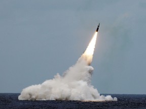 An unarmed Trident II D5 missile launches from a US Navy submarine in this 2016 photo. The British government will not confirm a report about problems with the launch of one of its Trident ll D5 missiles. U.S. Navy photo.