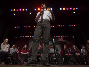 Prime Minister Justin Trudeau speaks during a town hall meeting in Belleville, Ont. Thursday January 12, 2017. THE CANADIAN PRESS/Adrian Wyld ORG XMIT: ajw132