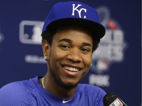 In this Thursday, Oct. 29, 2015, file photo, Kansas City Royals starting pitcher Yordano Ventura reacts to a question during a news conference before Game 3 of the Major League Baseball World Series against the New York Mets in New York. Ventura and former major leaguer Andy Marte died in separate traffic accidents early Sunday, Jan. 22, 2017, in their native Dominican Republic.