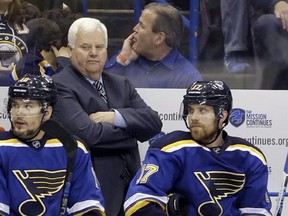 St. Louis Blues head coach Ken Hitchcock watches during the second period in Game 2 of the NHL hockey Stanley Cup Western Conference finals against the San Jose Sharks, Tuesday, May 17, 2016, in St. Louis. The St. Louis Blues have fired head coach Hitchcock.