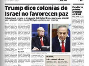 This screen grab of the Friday, Feb. 10, 2017 digitized version of Dominican Republic&#039;s El Nacional print edition shows comedian Alec Baldwin doing his impression of President Donald Trump on ‚ÄúSaturday Night Live,‚Äù next to a photo of Israel&#039;s Prime Minister Benjamin Netanyahu on the paper&#039;s international page with the Spanish headline: ‚ÄúTrump says settlements in Israel don‚Äôt favor peace.&ampquot; The Spanish caption under Baldwin&#039;s photo reads: &ampquot;Donald Trump, president of U.S.&ampquot; The newspaper pub