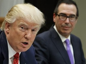 Treasury Secretary Steven Mnuchin listens at right as President Donald Trump speaks during a meeting on the Federal budget, Wednesday, Feb. 22, 2017, in the Roosevelt Room of the White House in Washington. (AP Photo/Evan Vucci)