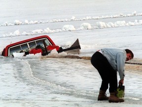 A pickup truck apparently getting ready to clean the ice on Rice Lake near Bewdley for radar runs (for snowmobiles) on Sunday went through the ice on Saturday. A tow truck and a back hoe were called in to free the vehicle. At least three times the chains broke and the truck sank further and further.