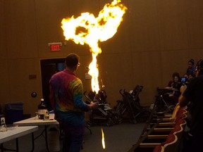 Associate chemistry professor Jeff Manthorpe puts on an impressive display at the 10th annual chemistry magic show at Carleton University on Saturday.