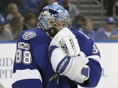 Tampa Bay Lightning goalie Andrei Vasilevskiy, of Russia, stops a shot by the Ottawa Senators during the first period of an NHL hockey game Thursday, Feb. 2, 2017, in Tampa, Fla.