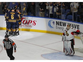 Buffalo Sabres celebrate a goal against the Ottawa Senators during the third period on Saturday Feb. 4, 2017, in Buffalo, N.Y.