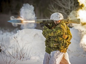 apper Mathieu Riva Maille (front) and Sapper Tommy Cabana (rear) fire a round from an 84mm Carl Gustaf anti-tank recoilless rifle during Exercise RAFALE BLANCHE in Valcartier, Quebec February 4, 2016. Photo: Cpl Andrew Wesley, Directorate of Army Public Affairs.