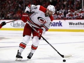 Viktor Stalberg advances the puck during the Hurricanes' game against the Blackhawks in Chicago on Jan. 6, 2017.