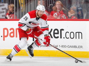 Viktor Stalberg #25 of the Carolina Hurricanes skates in an NHL hockey game against the New Jersey Devils at the Prudential Center on November 8, 2016