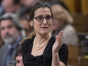 Foreign Affairs Minister Chrystia Freeland responds to a question during Question Period in the House of Commons, Thursday, February 2, 2017 in Ottawa. THE CANADIAN PRESS/Adrian Wyld ORG XMIT: ajw111