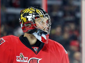 Craig Anderson of the Ottawa Senators against the Buffalo Sabres during second period of NHL action at Canadian Tire Centre in Ottawa, February 14, 2017.