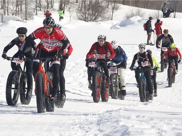 Cyclists take part in the Gatineau Loppet fat bike race in Gatineau on Saturday, February 18, 2017.