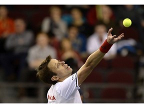 Canada's Daniel Nestor serves against Great Britain during first round Davis Cup tennis action, Saturday, Feb. 4, 2017 in Ottawa.