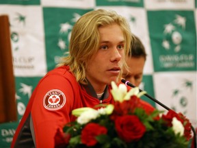 Denis Shapovalov of the Canadian Davis Cup team answers media questions on Parliament Hill in Ottawa, February 02, 2017.