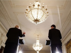 U.S. President Donald Trump (R) and Prime Minister Justin Trudeau participate in a joint news conference in the East Room of the White House on Monday.
