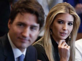 Prime Minister Justin Trudeau and Ivanka Trump, daughter of President Donald Trump, listen during a meeting with women business leaders in the Cabinet Room of the White House in February.