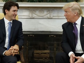 President Donald Trump meets with Canadian Prime Minister Justin Trudeau in the Oval Office of the White House in Washington, Monday, Feb. 13, 2017.