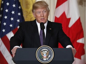 President Donald Trump speaks during a joint news conference with Canadian Prime Minister Justin Trudeau in the East Room of the White House in Washington, Monday, Feb. 13, 2017.