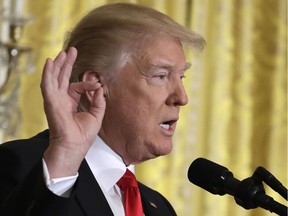 In this Feb. 16, 2017 photo, President Donald Trump speaks during a news conference, in the East Room of the White House in Washington.