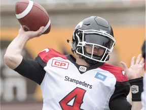 Calgary Stampeders quarterback Drew Tate throws a pass during first quarter CFL football action against the Montreal Alouettes in a game on Oct. 30, 2016 in Montreal.