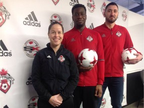 Head coach Kristina Kiss, left, Kwame Telemaque, centre, and Andrei Badescu form the coaching staff as the West Ottawa Soccer Club enters a women's team in the League 1 Ontario semi pro-am soccer league for the first time.