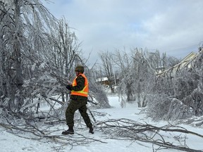 A member of 4th Artillery Regiment (General Support) removes fallen tree branches and damaged trees during Operation LENTUS in the Acadian Peninsula of New Brunswick on January 31, 2017. Photo: WO Jerry Kean, 5 Cdn Div Public Affairs.