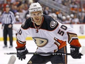 In this Saturday, Jan. 14, 2017, photo, Anaheim Ducks center Antoine Vermette pauses on the ice during the first period of an NHL hockey game against the Arizona Coyotes in Glendale, Ariz. Vermette is facing the likely prospect of a 10-game NHL suspension for slashing linesman Shandor Alphonso during the Duck's game on Tuesday, Feb. 14.