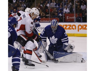 The Leafs' Frederik Andersen makes a save on Kyle Turris.