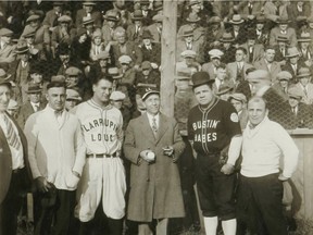 In Hull, Lou Gehrig is hatless, Hull Mayor Theo Lambert wears Gehrig's Larrupin' Lou's cap, and Babe Ruth has the mayor's velvet derby perched precariously on his large head.