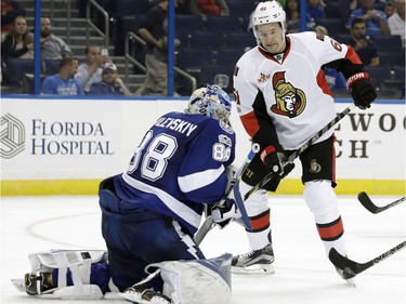 Ottawa Senators right wing Mark Stone (61) looks for a rebound in front of Tampa Bay Lightning goalie Andrei Vasilevskiy (88), of Russia, during the third period of an NHL hockey game Thursday, Feb. 2, 2017, in Tampa, Fla. Stone had two goals in the Senators' 5-2 win.