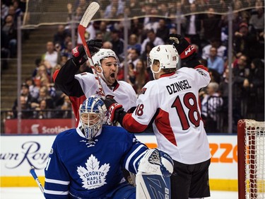 The Ottawa Senators' Mark Stone and Ryan Dzingel celebrate a goal.